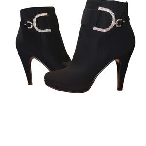 Bella Hanna Black Ankle Booties Rhinestone Buckle Heel Size 7.5 New With Tags